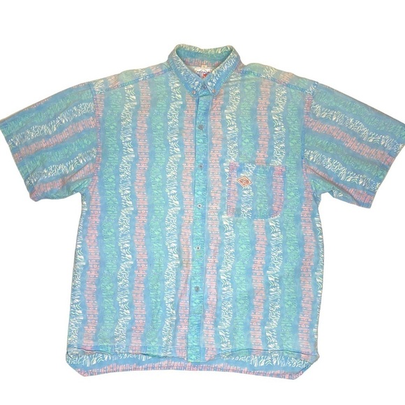 Vintage Gotcha Short Sleeve Faded Reverse Blue Casual Button Down Shirt Sz Lg - Picture 1 of 10
